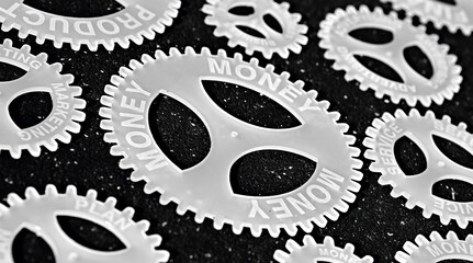 several gears with different inscription. topic of finance. in focus money marketing service