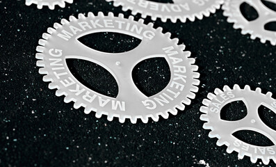 several gears with different inscription. topic of finance. in focus marketing sales