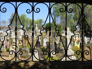 cementerio  con tumbas adornadas y con reja negra