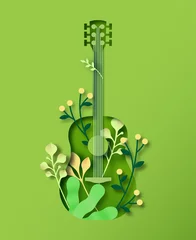 Foto op Aluminium Green paper cut music guitar instrument concept © Cienpies Design