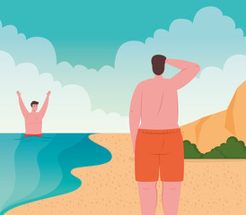 men in swimsuit in the beach, group men in summer vacation season vector illustration design