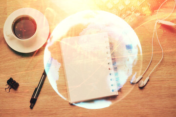 Multi exposure of business theme drawing and work table top veiw. Concept of international finance.