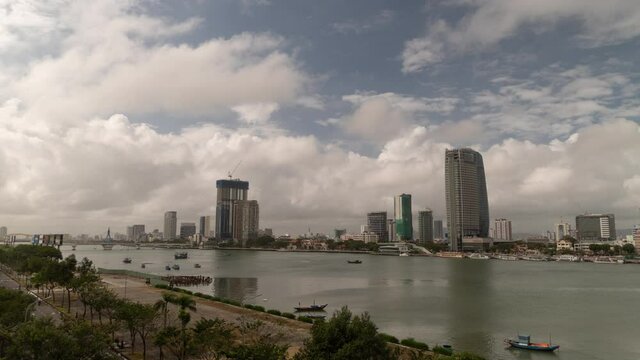 DaDa Nang Vietnam Skyline Cloudy Day Time Lapse Han River Bridge