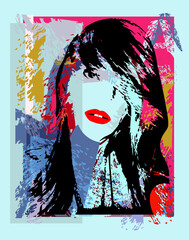 Urban background with girl with punk rock hair and red lips, vector
