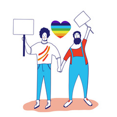Gay pride. Picket LGBTQ. Different sexual orientation Concept of sexual discrimination protest. Crowd people fight for rights, freedom. Vector illustration in flat style isolated 