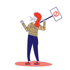 Woman holds a poster, protesting activist, workers strike. Worker holds a blank banner, takes part in the parade. . A single picket for women's rights. Afeminist. Vector illustration, blue line, 