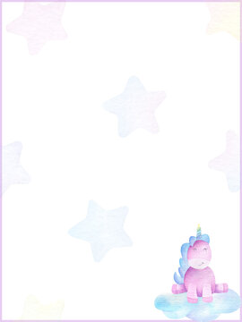 Rectangular frame with watercolor unicorn, stars and cloud in pastel colors. Illustration on a white background. Hand-painted vertical frame for children's photo album, postcard, children's decoration