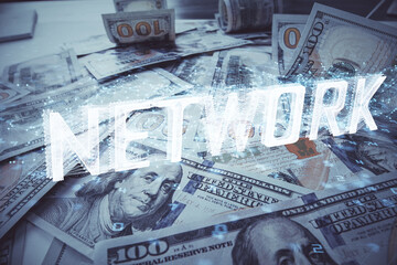 Double exposure of data theme drawing over us dollars bill background. Technology concept.