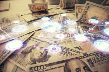 Multi exposure of social network drawing over us dollars bill background. Concept of people connection.