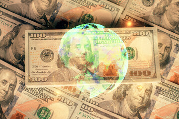 Multi exposure of social network drawing over us dollars bill background. Concept of people connection.