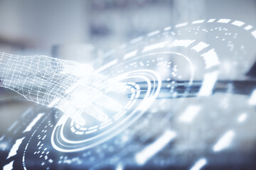 Double exposure of Ai data theme drawing over coffee cup background in office.