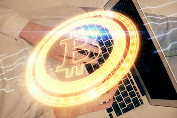 Double exposure of woman hands working on computer and blockchain theme hologram drawing. Top View....
