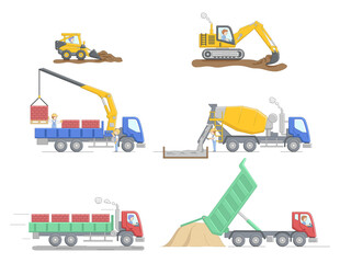 Construction Concept. Set Of Different Construction Truks And Equipment For Differend Work. Construction Machinery Operator Jobs. Characters At Work. Cartoon Linear Outline Flat Vector Illustration