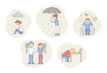 Depression Concept. Set Of Characters Suffering From Depression. Sad Men And Women Under The Rain. Overcast Weather, Emotions Concealment And Burnout. Cartoon Linear Outline Flat Vector Illustration
