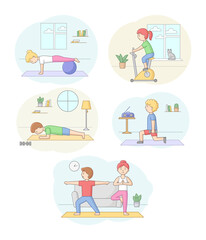 Fitness Concept, Health Care And Active Sport. Set Of Characters Exercising In Gym Or At Home With Dumbbells And Sport Equipment. People Do Morning Exercises. Linear Outline Flat Vector Illustration