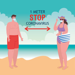 social distancing on the beach, couple wearing medical mask keep distance one meter, new normal summer beach concept after coronavirus or covid 19 vector illustration design