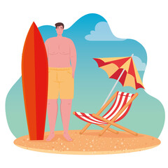 man in shorts with surfboard, chair and umbrella, scene of beach, summer vacation season vector illustration design
