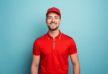 Smiling courier is happy to work. Emotional expression. Cyan background