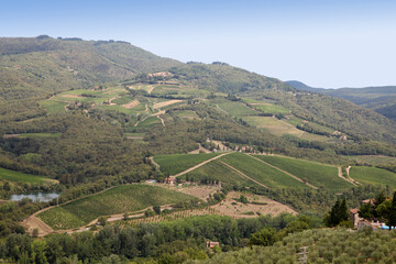 Beautiful scenery looking across Tuscany featuring vineyards, buildings, farms
