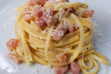 Linguine carbonara pasta with bacon and eggs