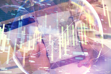 Double exposure of man's hands holding and using a phone and international business theme drawing.