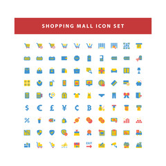 Shopping and mall icon set with flat color style design