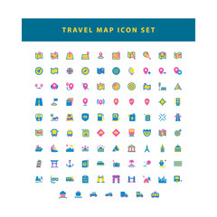 Travel and Map icon set with flat color style design