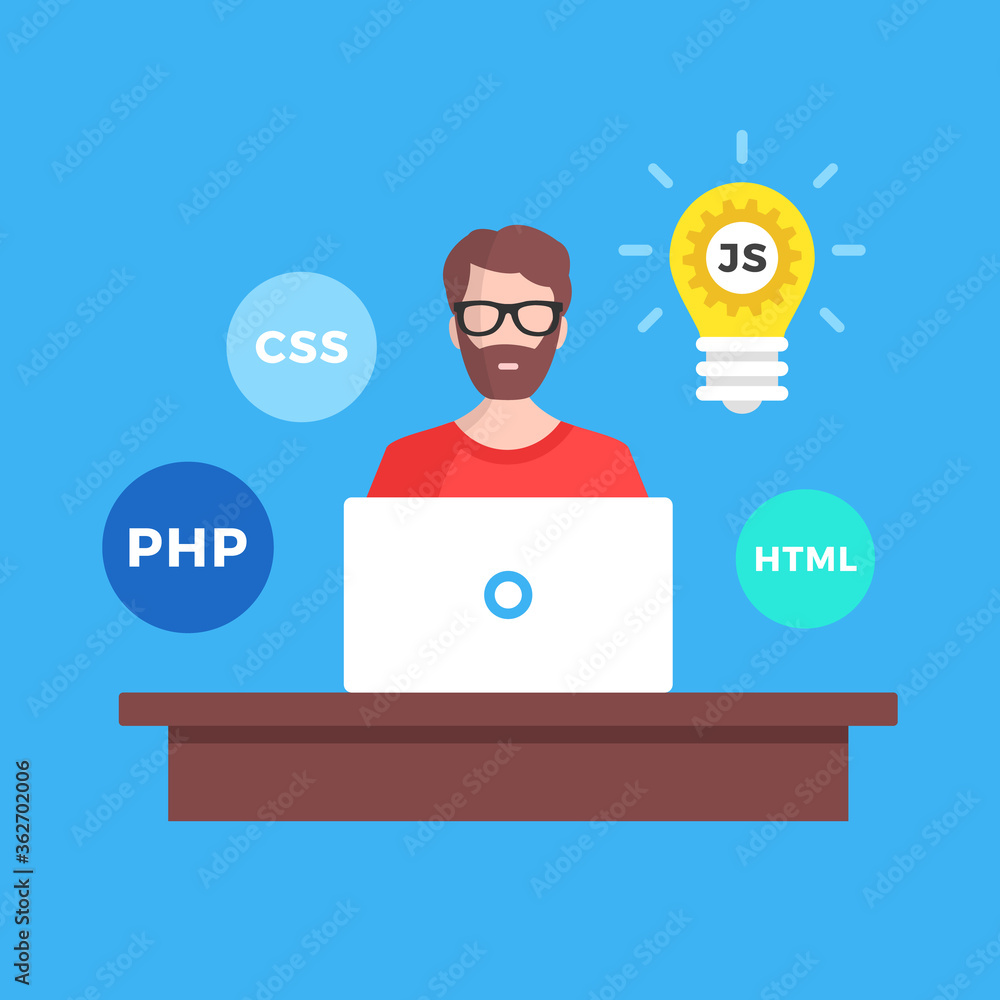 Poster Web development, website development. Flat design. Programmer with laptop sitting at the desk. Web developer, freelance programming, coder, coding concept. Modern graphic elements. Vector illustration