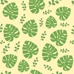 Green leaves of Monstera and twigs on a yellow background for wallpaper for the home, paintings, textures, background, advertising, decor, poster. Vector illustration of green leaves.