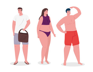 young people, woman and men with swimsuit or clothes summer, vacation season vector illustration design