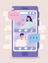online dating service application, smartphone with man and woman profiles, modern people looking for couple, social media, virtual relationship communication concept vector illustration design