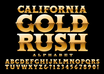 California Gold Rush is an Old-west Style Metallic Golden 3d Alphabet - obrazy, fototapety, plakaty