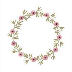 Fototapeta na wymiar Round vector floral wreath for greeting card birthday or wedding invitation. Abstract flowers wreath