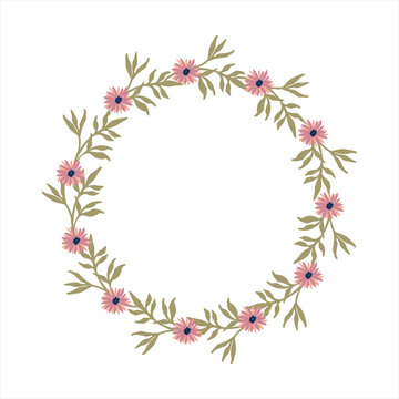 Round vector floral wreath for greeting card birthday or wedding invitation. Abstract flowers wreath