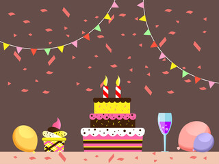 vector illustration of yummi birthday cake with candles and wine.
greetings card happy birthday party background concept. 