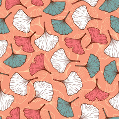 Medicinal plant Ginkgo Biloba. Hand drawn Leaf Seamless pattern. Leaves endless background. Vector illustration
