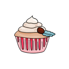 Delicious cupcake with yummy cream and chocolate. Cupcake vector illustration in colorful cartoon style in pink paper cup
