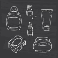 Blank cosmetic package collection. Hand drawn Cosmetic bottles and packaging. Vector illustration
