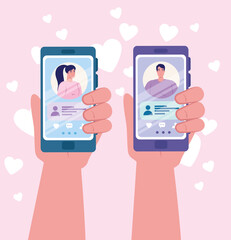 online dating service application, hands holding smartphone with man and woman profiles, modern people looking for couple, social media, virtual relationship communication concept vector illustration