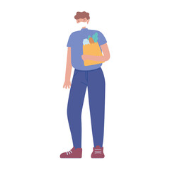 young man with medical mask and grocery bag with food, prevention covid 19 coronavirus