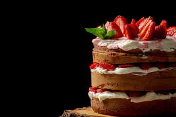 Strawberry and cream sponge cake. Homemade summer