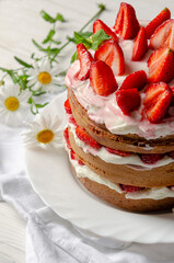 Strawberry and cream sponge cake. Homemade summer