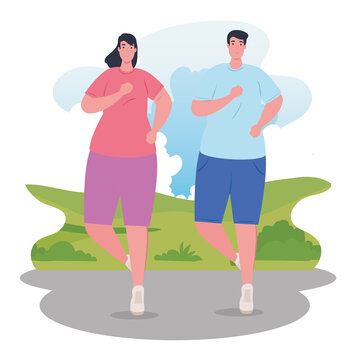 couple marathoners running sportive, woman and man run competition or marathon race poster, healthy lifestyle and sport vector illustration design