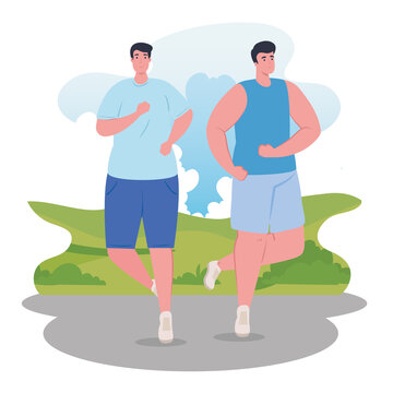 men marathoners running sportive, young men run competition or marathon race poster, healthy lifestyle and sport vector illustration design