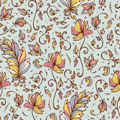 Vintage Vector Floral Seamless pattern. Hand drawn Decorative Leaves with Flower. Ornamental Leaf background
