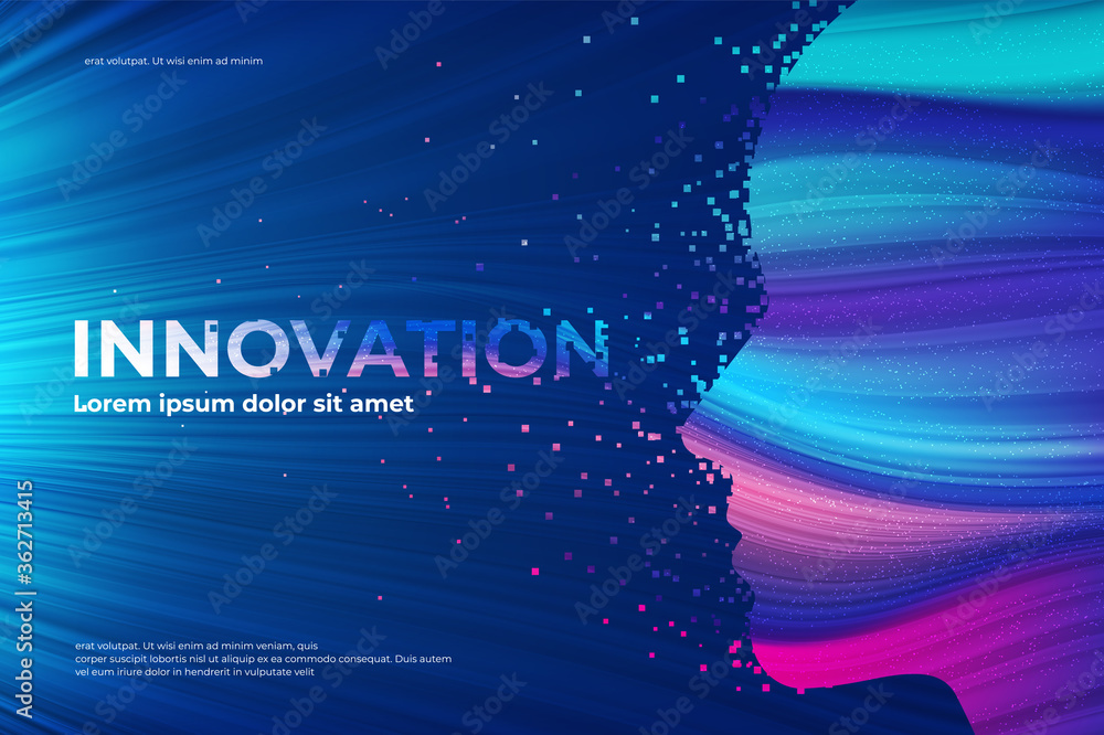 Poster innovation theme design in a vector of disintegration pixels effect with light streaks pattern.