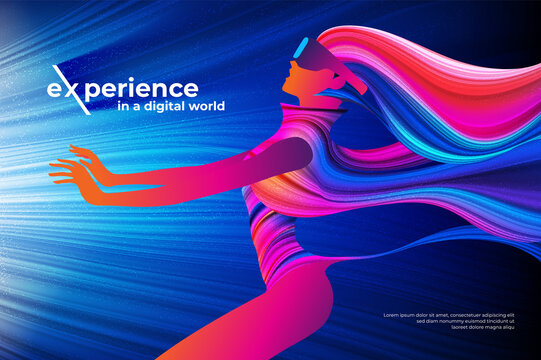 Digital world theme design in vector illustration featuring the lady that wearing VR headset is experiencing the cyber world 