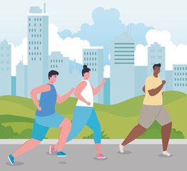 people marathoners running sportive, men and woman, run competition or marathon race poster, healthy lifestyle and sport vector illustration design