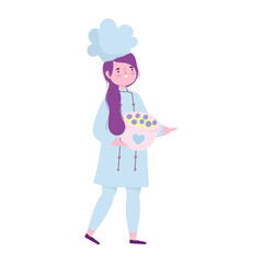 stay at home, female chef with dessert in food cartoon, quarantine activities