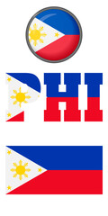 Icons of the Philippine flag on a white background. Vector image: flag of the Philippines, button and abbreviation. You can use it to create a website, print brochures, booklets, leaflets.